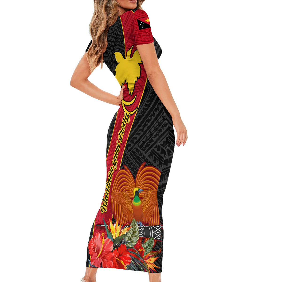 Papua New Guinea Short Sleeve Bodycon Dress Bird Of Paradise With Tropical Flower - Wonder Print Shop
