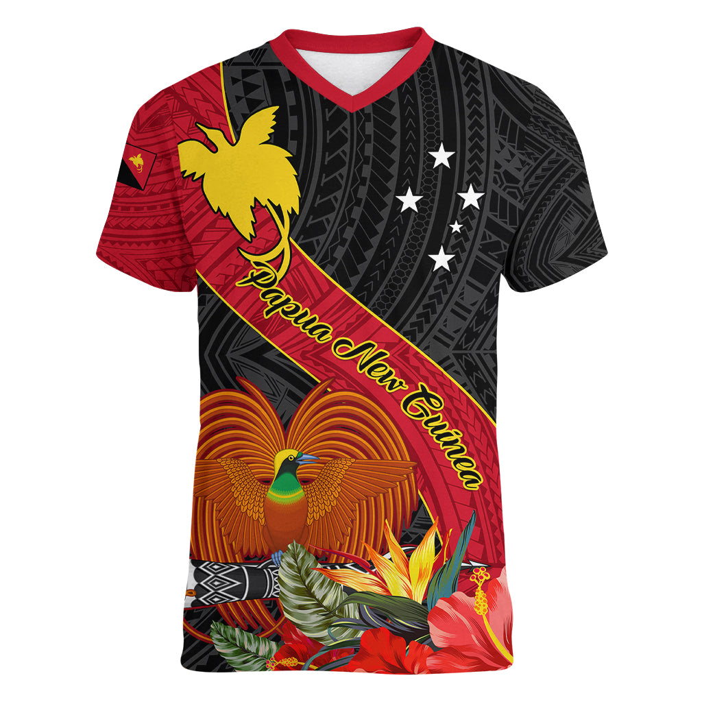 Papua New Guinea Women V Neck T Shirt Bird Of Paradise With Tropical Flower - Wonder Print Shop