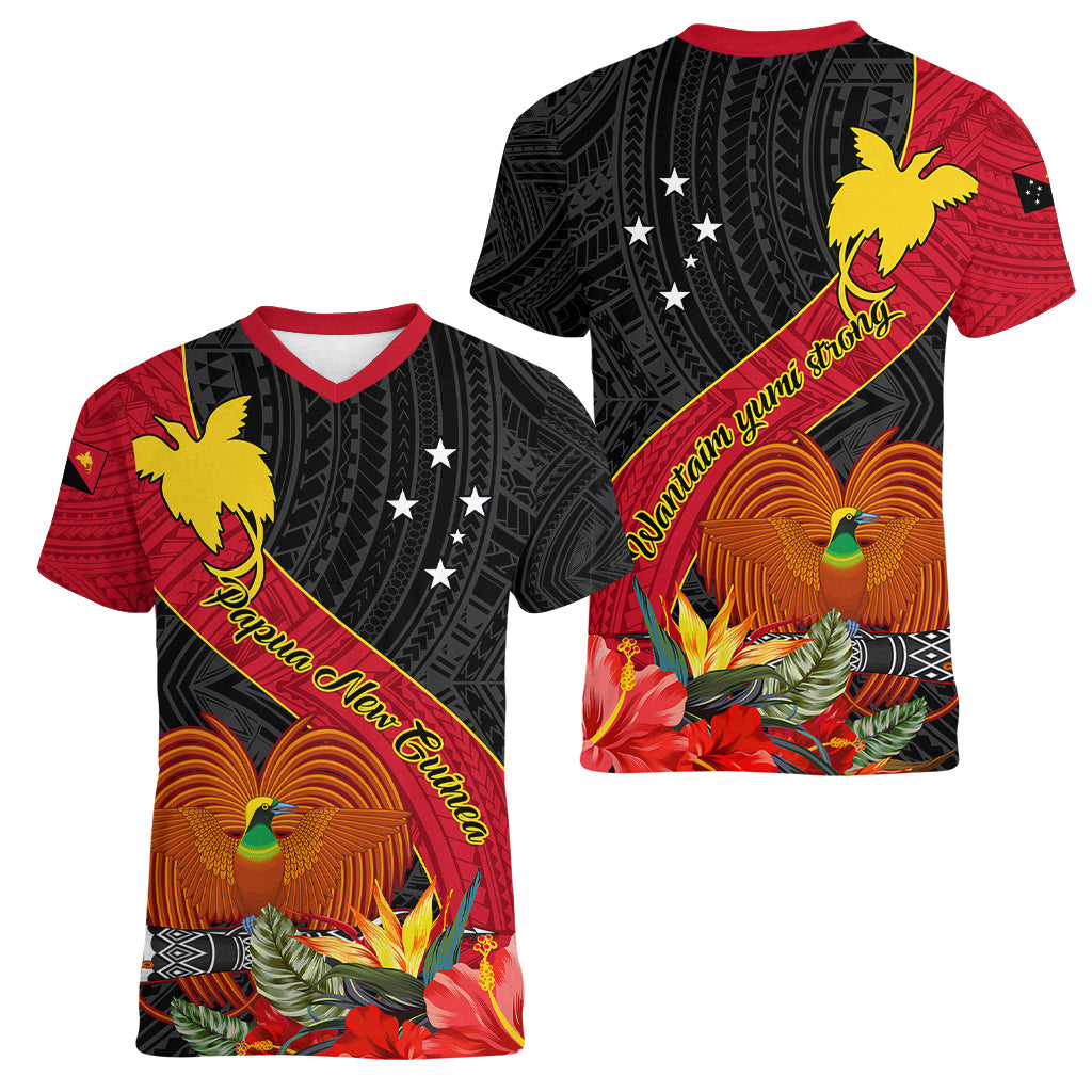 Papua New Guinea Women V Neck T Shirt Bird Of Paradise With Tropical Flower - Wonder Print Shop