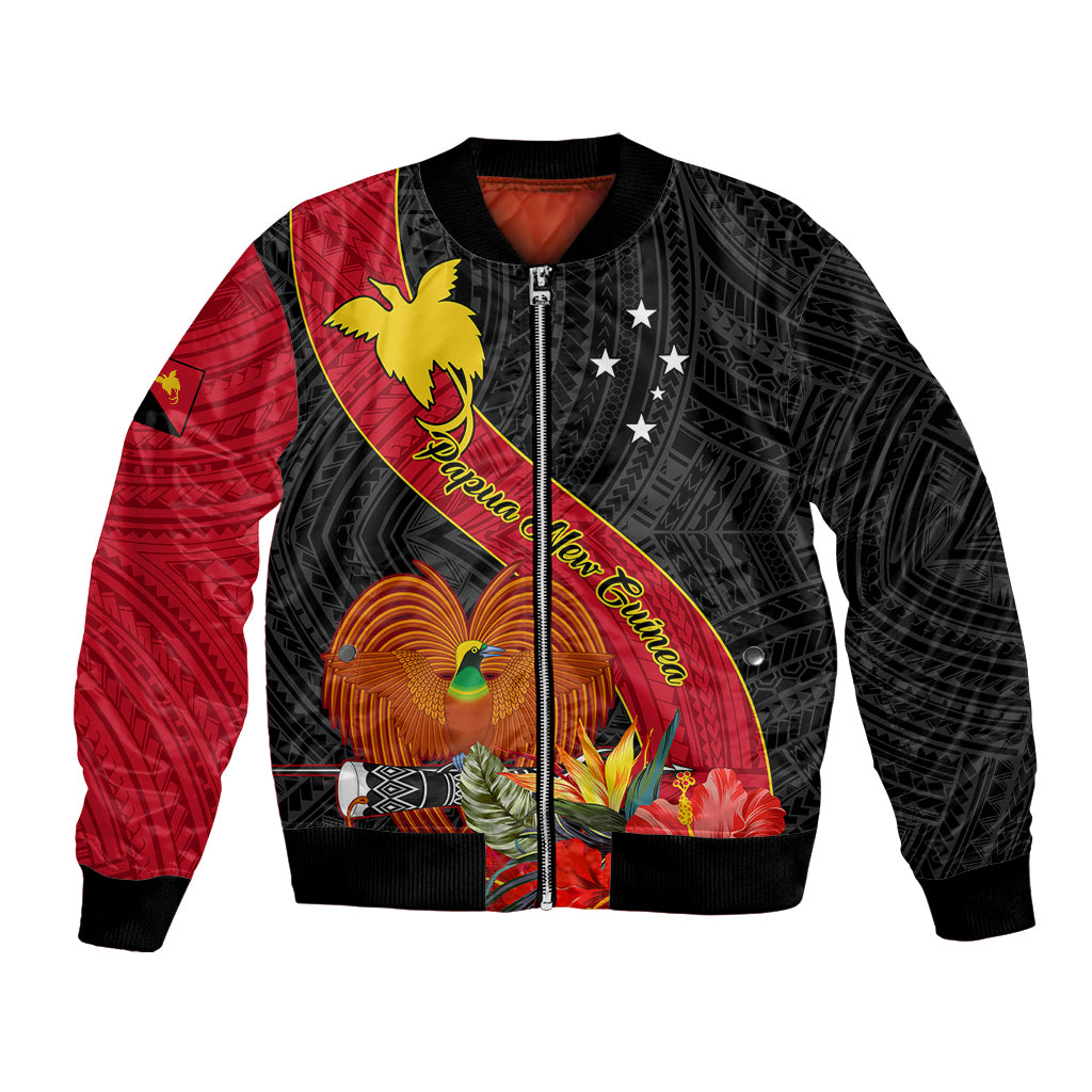 Personalised Papua New Guinea Bomber Jacket Bird Of Paradise With Tropical Flower - Wonder Print Shop