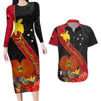 Personalised Papua New Guinea Couples Matching Long Sleeve Bodycon Dress and Hawaiian Shirt Bird Of Paradise With Tropical Flower - Wonder Print Shop