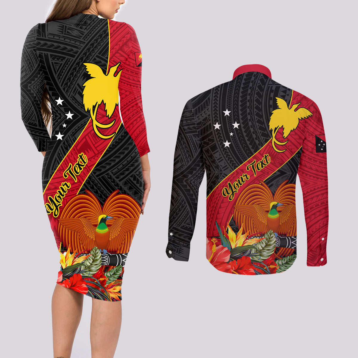 Personalised Papua New Guinea Couples Matching Long Sleeve Bodycon Dress and Long Sleeve Button Shirts Bird Of Paradise With Tropical Flower - Wonder Print Shop