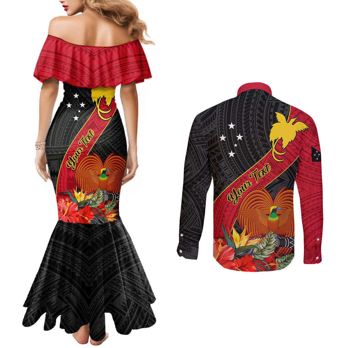 personalised-papua-new-guinea-couples-matching-mermaid-dress-and-long-sleeve-button-shirts-bird-of-paradise-with-tropical-flower