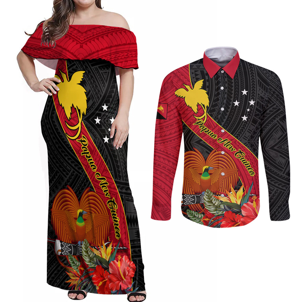 Personalised Papua New Guinea Couples Matching Off Shoulder Maxi Dress and Long Sleeve Button Shirts Bird Of Paradise With Tropical Flower - Wonder Print Shop