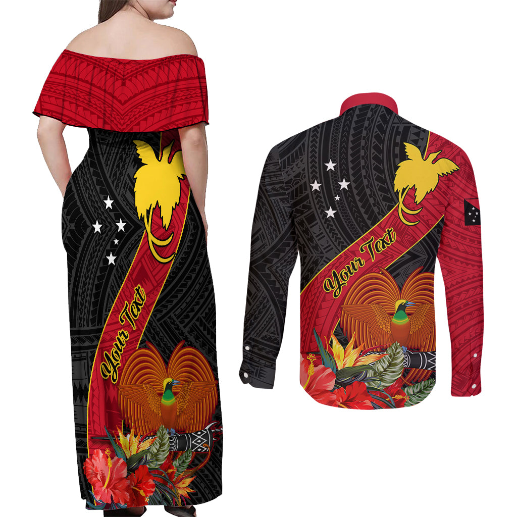 Personalised Papua New Guinea Couples Matching Off Shoulder Maxi Dress and Long Sleeve Button Shirts Bird Of Paradise With Tropical Flower - Wonder Print Shop