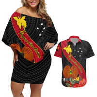Personalised Papua New Guinea Couples Matching Off Shoulder Short Dress and Hawaiian Shirt Bird Of Paradise With Tropical Flower - Wonder Print Shop