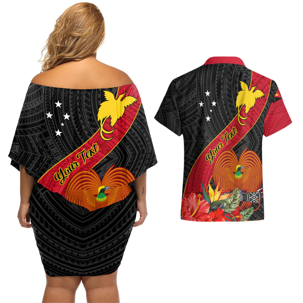 Personalised Papua New Guinea Couples Matching Off Shoulder Short Dress and Hawaiian Shirt Bird Of Paradise With Tropical Flower - Wonder Print Shop
