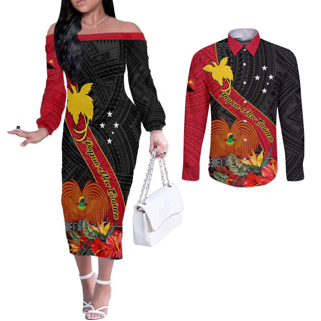personalised-papua-new-guinea-couples-matching-off-the-shoulder-long-sleeve-dress-and-long-sleeve-button-shirts-bird-of-paradise-with-tropical-flower