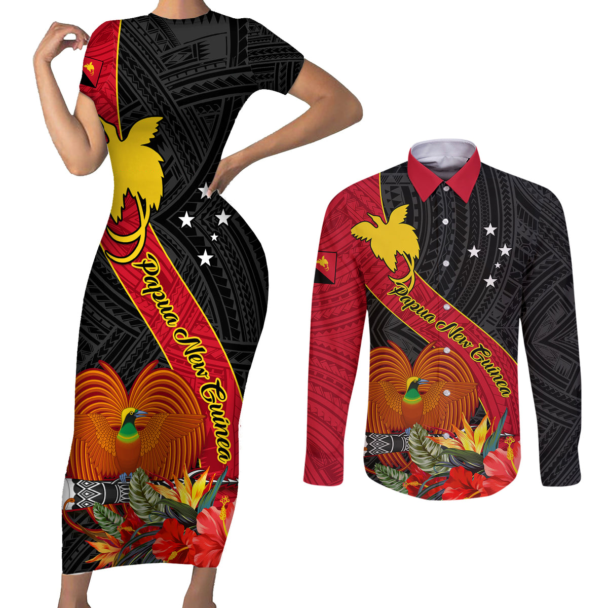 Personalised Papua New Guinea Couples Matching Short Sleeve Bodycon Dress and Long Sleeve Button Shirts Bird Of Paradise With Tropical Flower - Wonder Print Shop