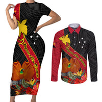 Personalised Papua New Guinea Couples Matching Short Sleeve Bodycon Dress and Long Sleeve Button Shirts Bird Of Paradise With Tropical Flower - Wonder Print Shop