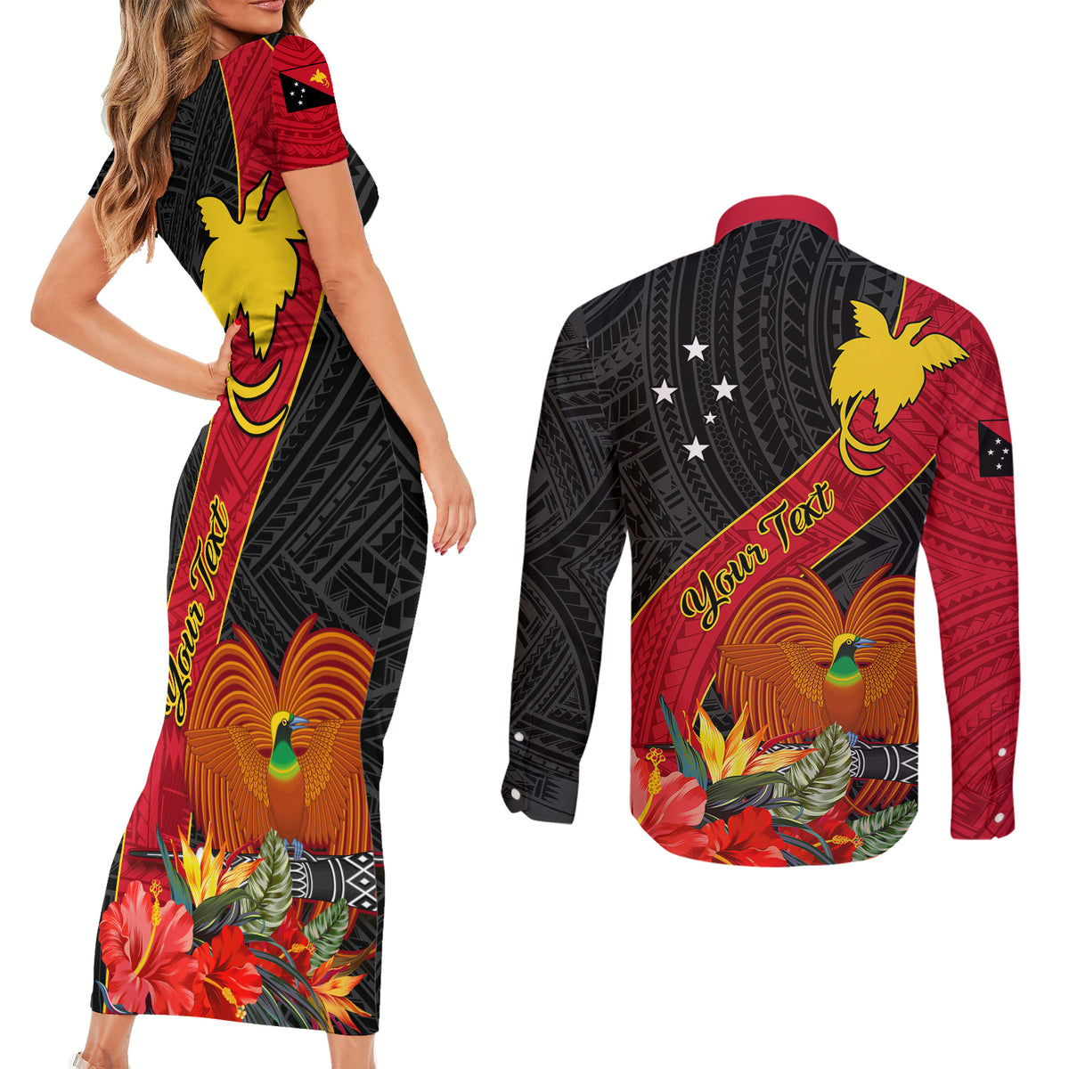 Personalised Papua New Guinea Couples Matching Short Sleeve Bodycon Dress and Long Sleeve Button Shirts Bird Of Paradise With Tropical Flower - Wonder Print Shop