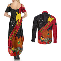 Personalised Papua New Guinea Couples Matching Summer Maxi Dress and Long Sleeve Button Shirts Bird Of Paradise With Tropical Flower - Wonder Print Shop