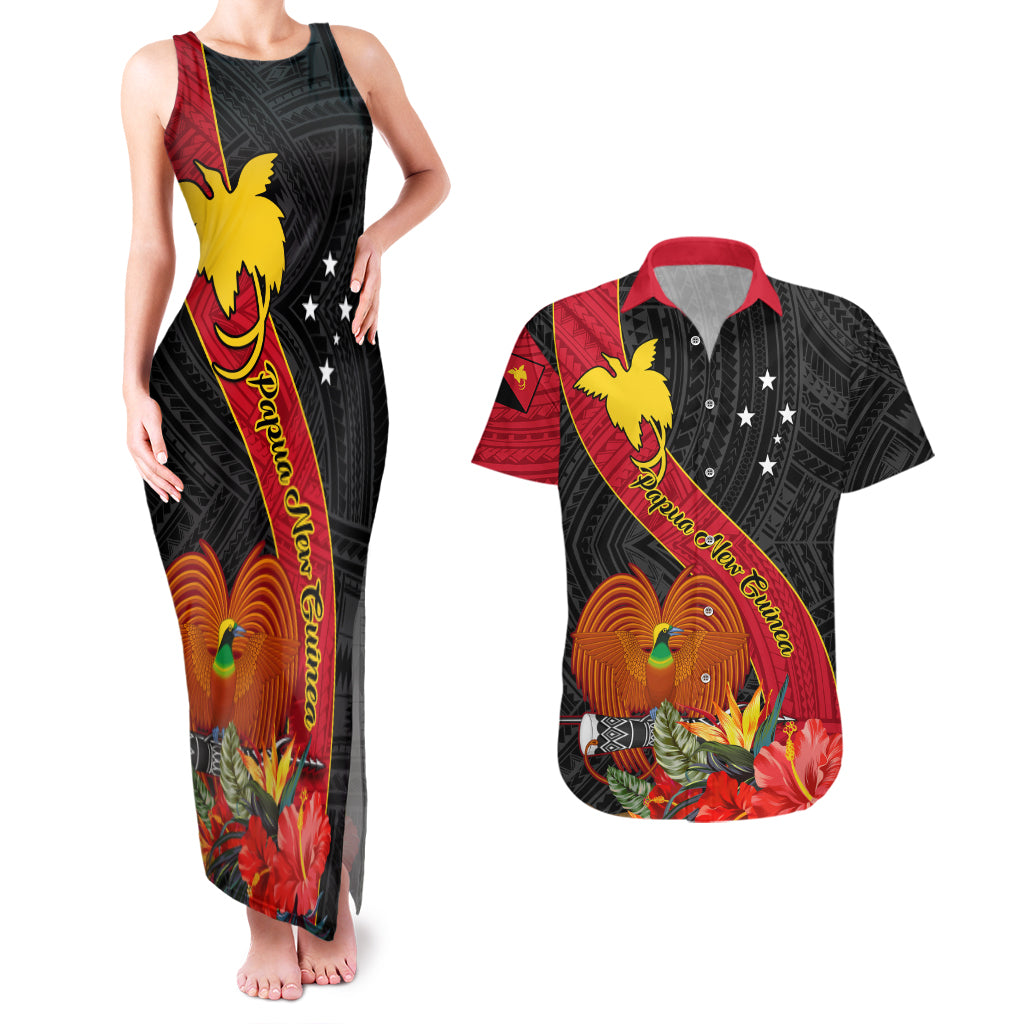 Personalised Papua New Guinea Couples Matching Tank Maxi Dress and Hawaiian Shirt Bird Of Paradise With Tropical Flower - Wonder Print Shop