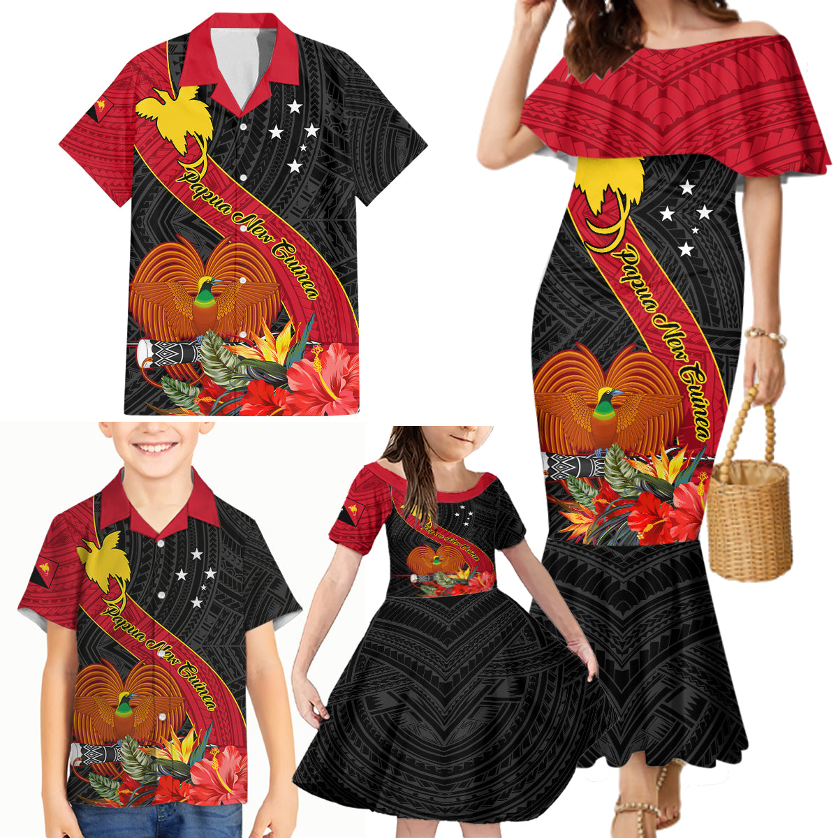 Personalised Papua New Guinea Family Matching Mermaid Dress and Hawaiian Shirt Bird Of Paradise With Tropical Flower - Wonder Print Shop