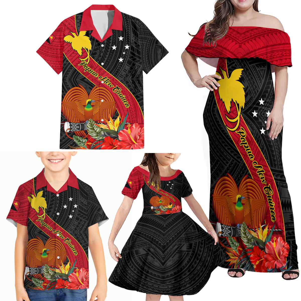 Personalised Papua New Guinea Family Matching Off Shoulder Maxi Dress and Hawaiian Shirt Bird Of Paradise With Tropical Flower - Wonder Print Shop