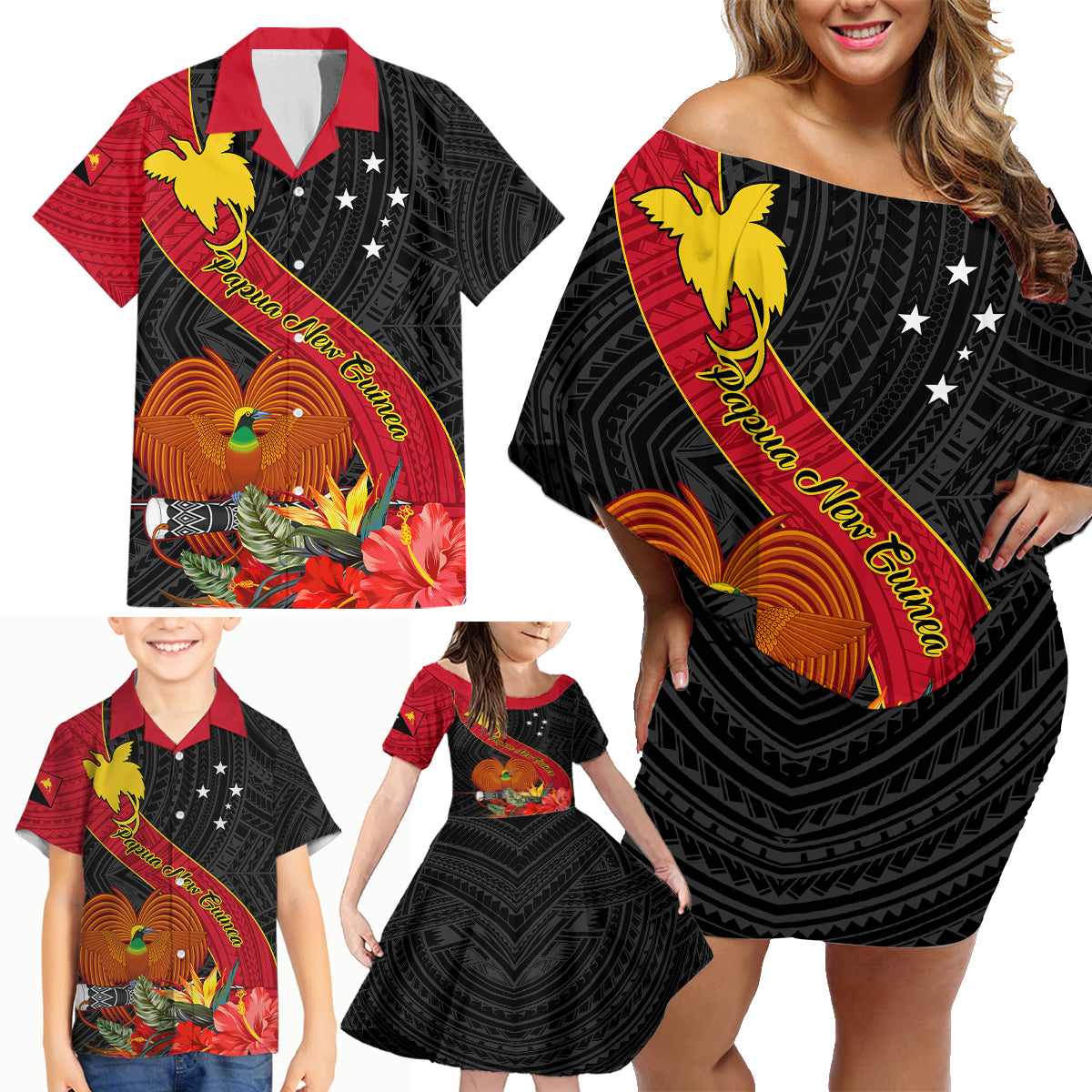 Personalised Papua New Guinea Family Matching Off Shoulder Short Dress and Hawaiian Shirt Bird Of Paradise With Tropical Flower - Wonder Print Shop