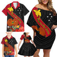 Personalised Papua New Guinea Family Matching Off Shoulder Short Dress and Hawaiian Shirt Bird Of Paradise With Tropical Flower - Wonder Print Shop