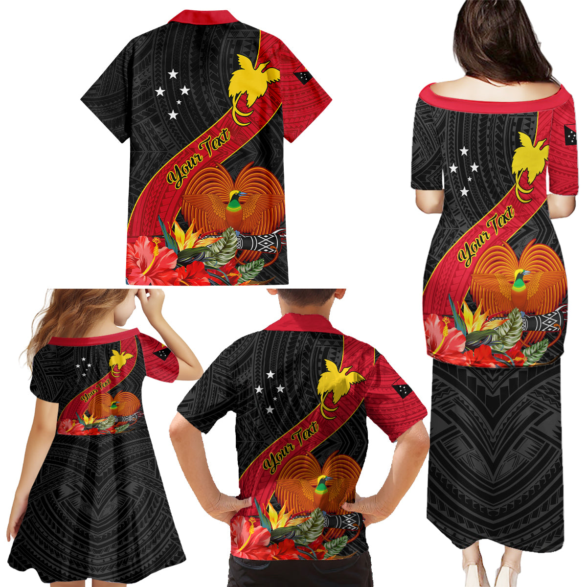 Personalised Papua New Guinea Family Matching Puletasi Dress and Hawaiian Shirt Bird Of Paradise With Tropical Flower - Wonder Print Shop