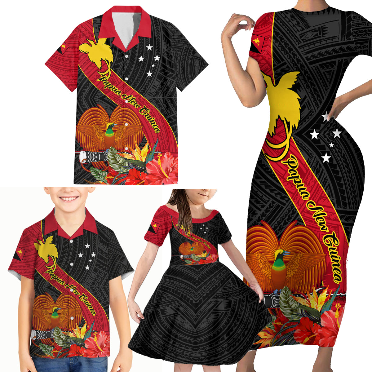 Personalised Papua New Guinea Family Matching Short Sleeve Bodycon Dress and Hawaiian Shirt Bird Of Paradise With Tropical Flower - Wonder Print Shop