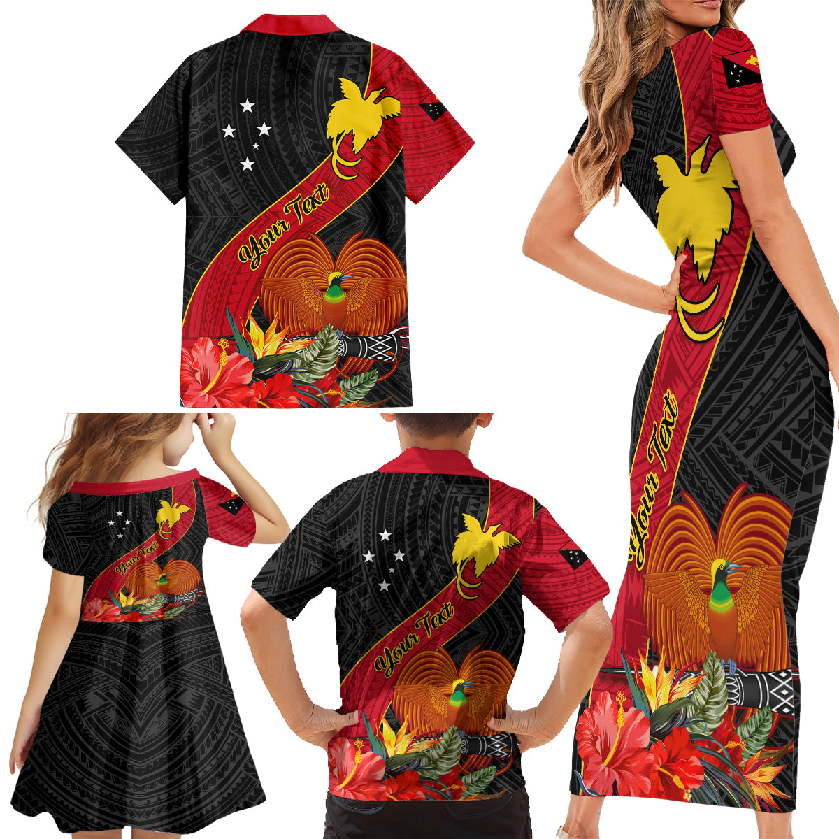 Personalised Papua New Guinea Family Matching Short Sleeve Bodycon Dress and Hawaiian Shirt Bird Of Paradise With Tropical Flower - Wonder Print Shop