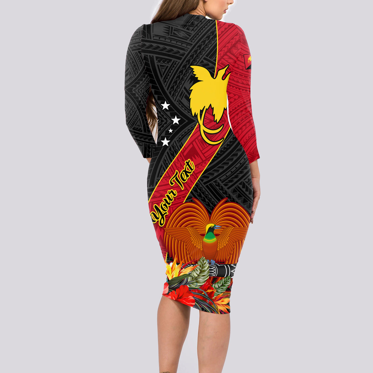 Personalised Papua New Guinea Long Sleeve Bodycon Dress Bird Of Paradise With Tropical Flower - Wonder Print Shop