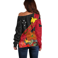 Personalised Papua New Guinea Off Shoulder Sweater Bird Of Paradise With Tropical Flower - Wonder Print Shop
