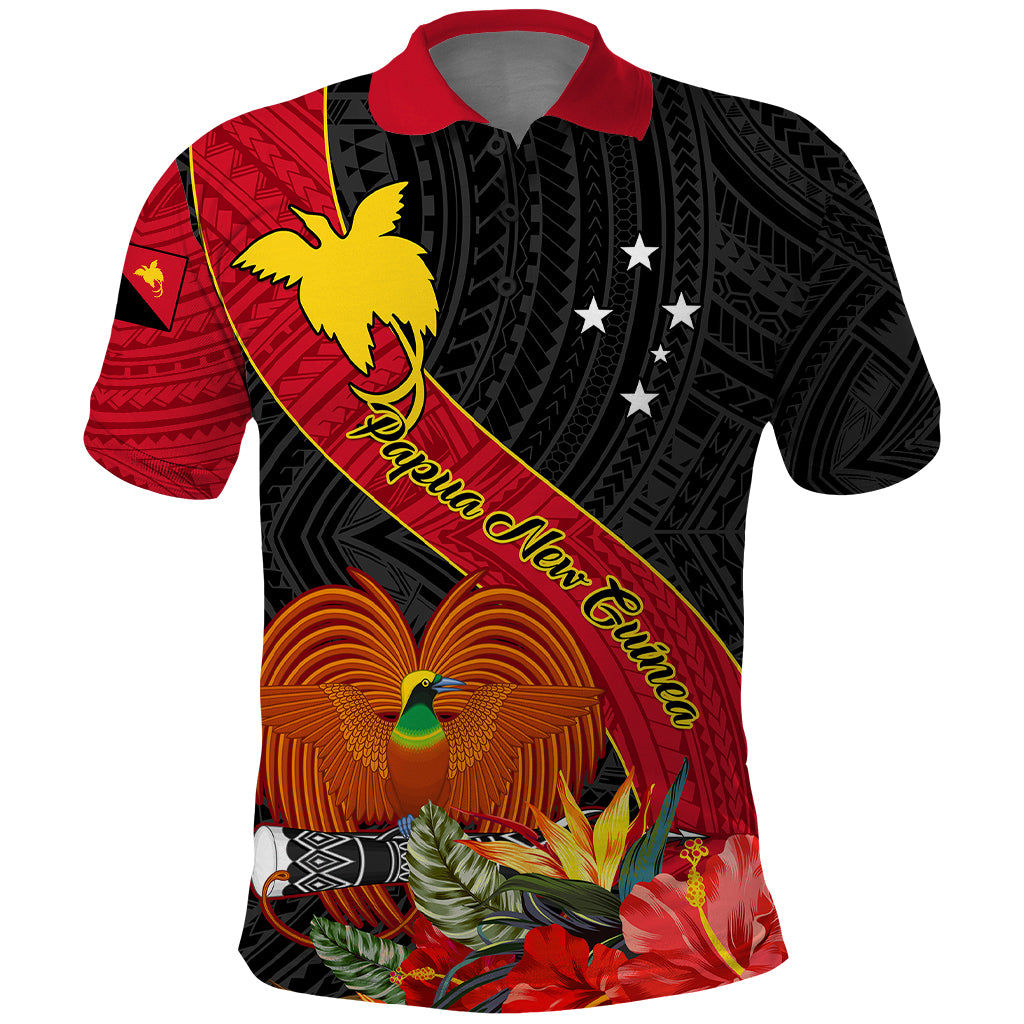 Personalised Papua New Guinea Polo Shirt Bird Of Paradise With Tropical Flower - Wonder Print Shop