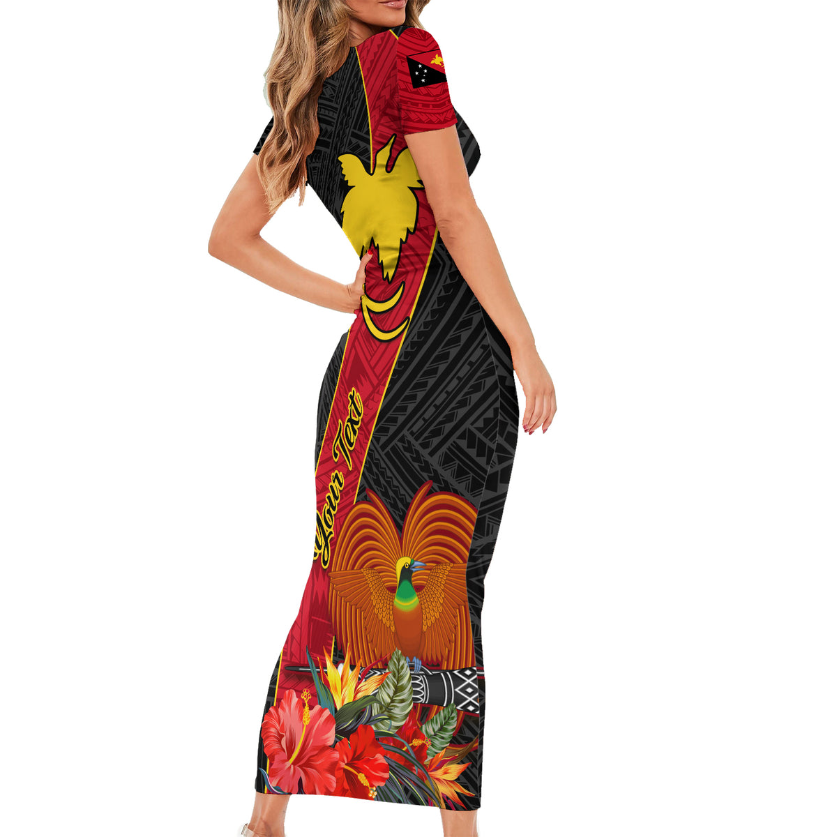 Personalised Papua New Guinea Short Sleeve Bodycon Dress Bird Of Paradise With Tropical Flower - Wonder Print Shop