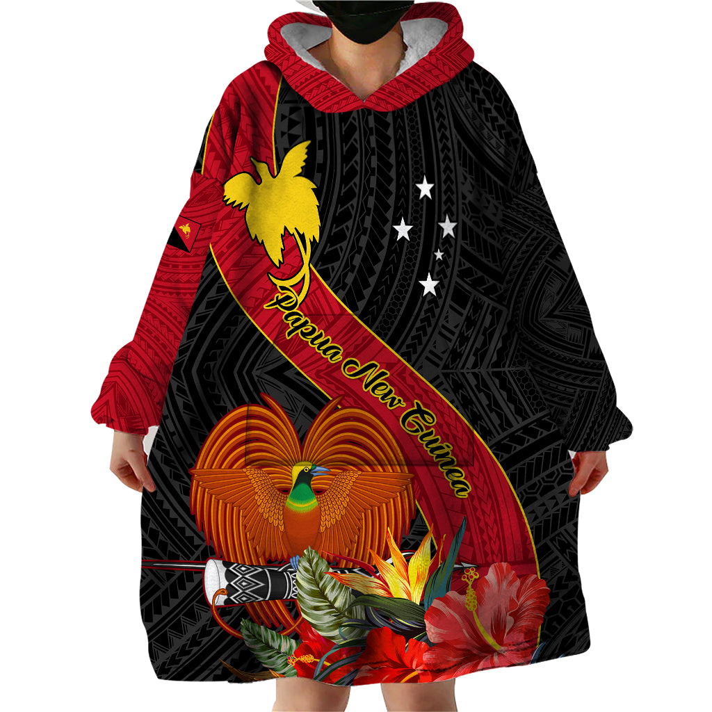 Personalised Papua New Guinea Wearable Blanket Hoodie Bird Of Paradise With Tropical Flower - Wonder Print Shop