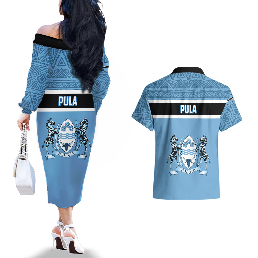 Botswana Couples Matching Off The Shoulder Long Sleeve Dress and Hawaiian Shirt Tswana Pula African Pattern - Wonder Print Shop