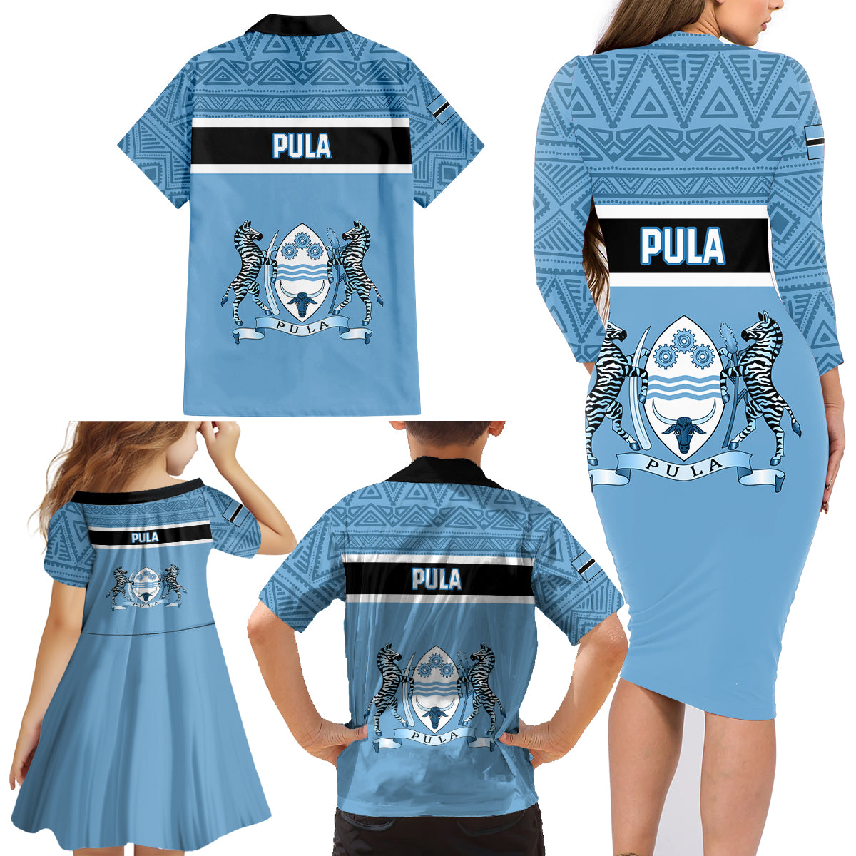Botswana Family Matching Long Sleeve Bodycon Dress and Hawaiian Shirt Tswana Pula African Pattern - Wonder Print Shop
