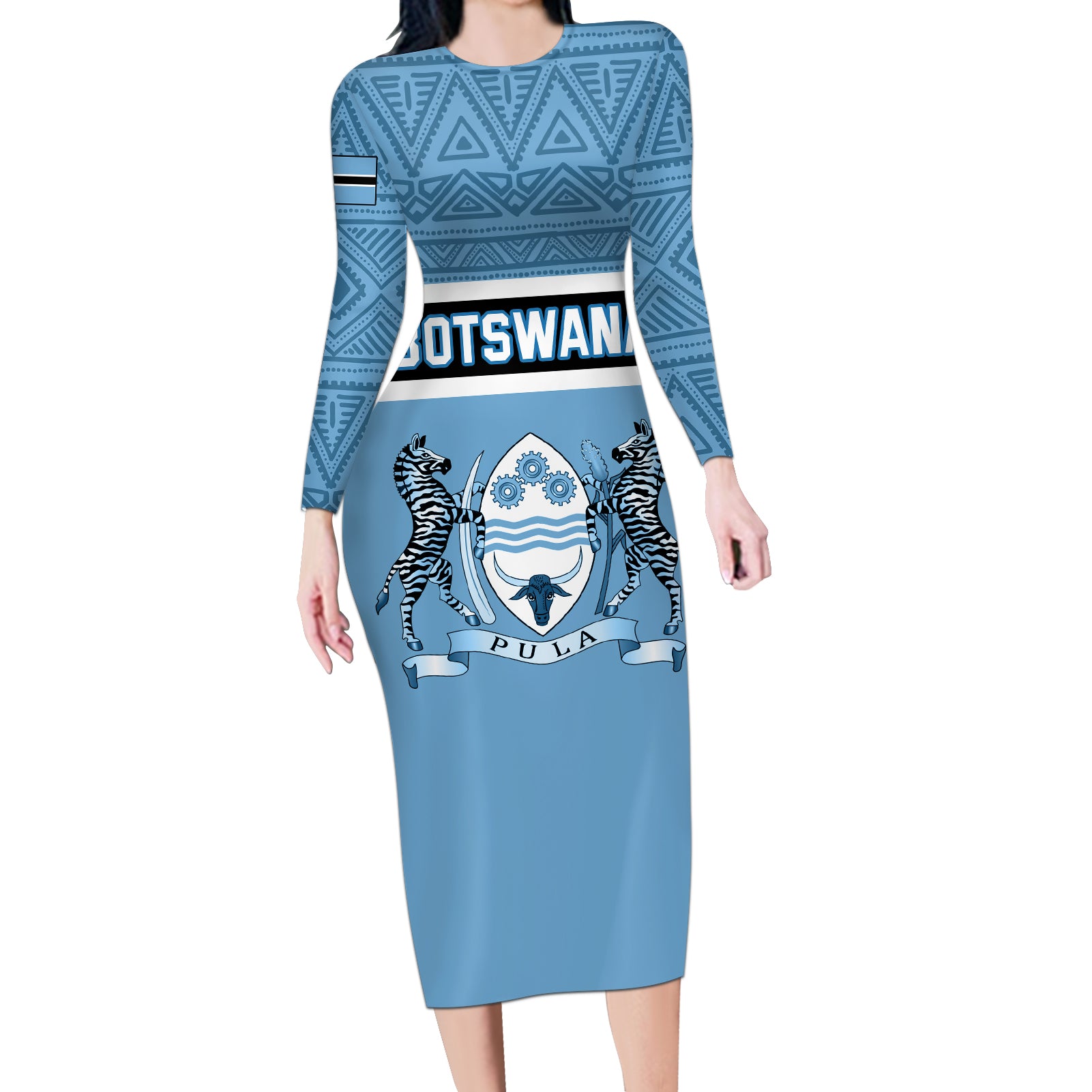 Botswana Long Sleeve Bodycon Dress Tswana Pula African Pattern - Wonder Print Shop
