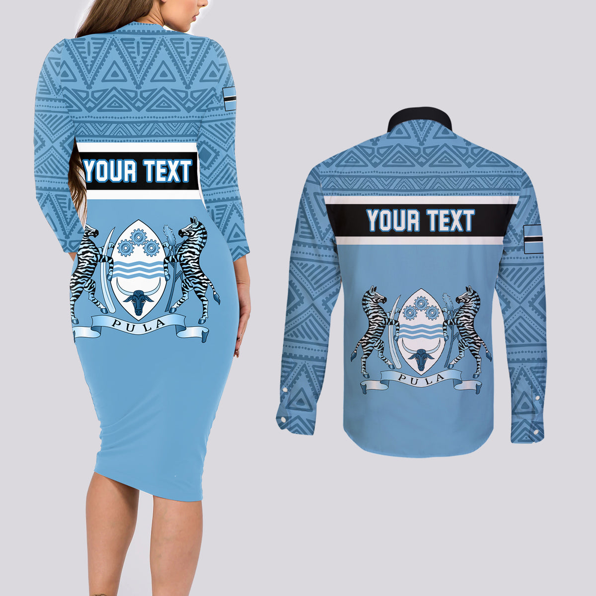 Personalised Botswana Couples Matching Long Sleeve Bodycon Dress and Long Sleeve Button Shirts Tswana Pula African Pattern - Wonder Print Shop