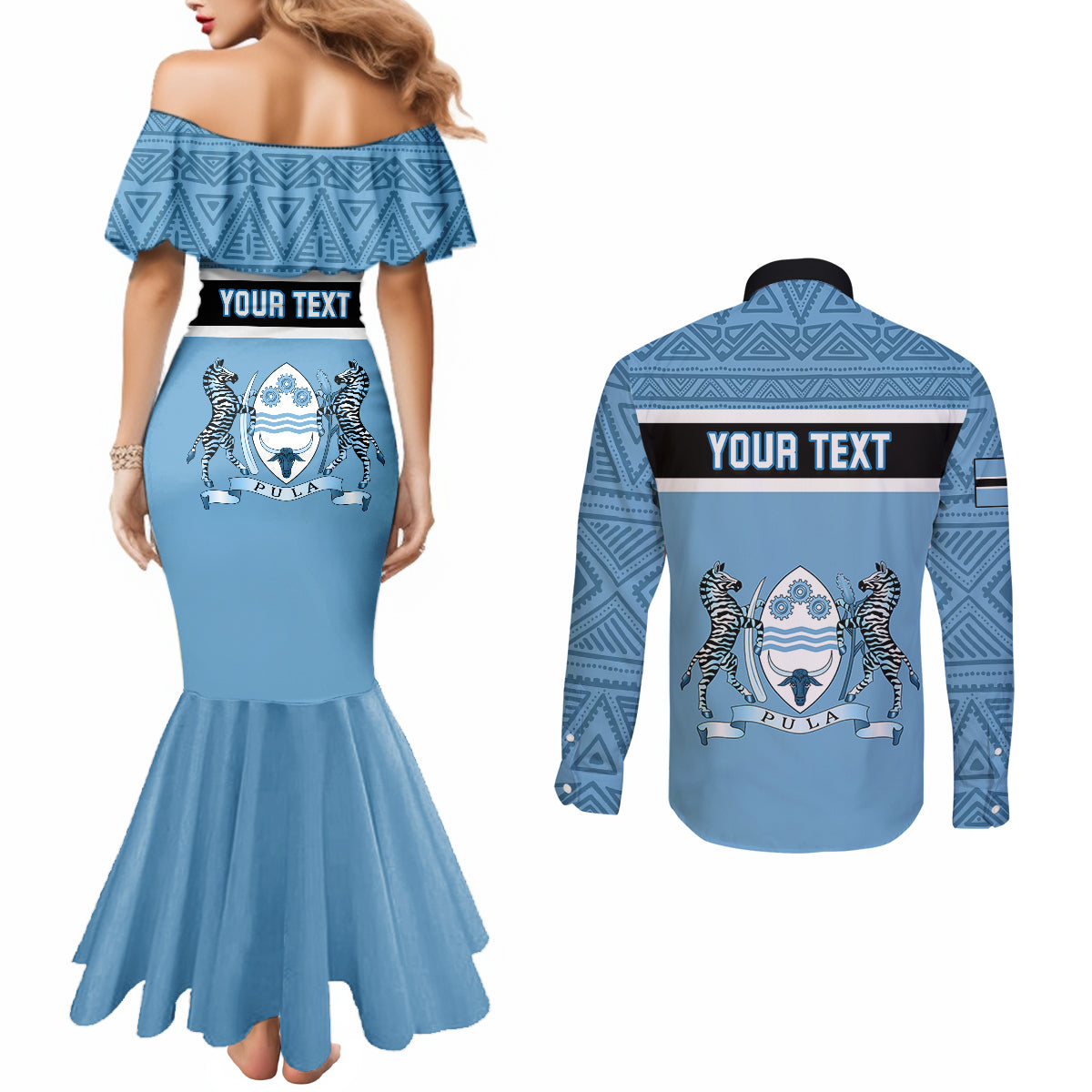 personalised-botswana-couples-matching-mermaid-dress-and-long-sleeve-button-shirts-tswana-pula-african-pattern