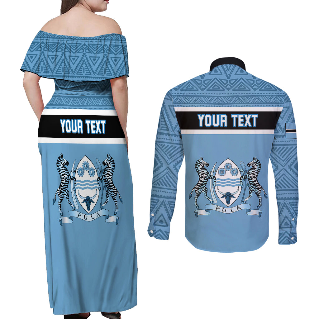 Personalised Botswana Couples Matching Off Shoulder Maxi Dress and Long Sleeve Button Shirts Tswana Pula African Pattern - Wonder Print Shop