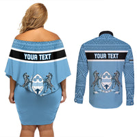 Personalised Botswana Couples Matching Off Shoulder Short Dress and Long Sleeve Button Shirts Tswana Pula African Pattern - Wonder Print Shop