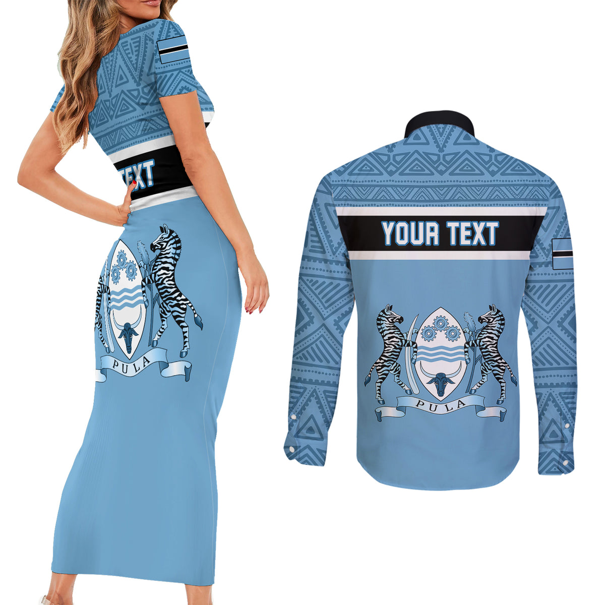 Personalised Botswana Couples Matching Short Sleeve Bodycon Dress and Long Sleeve Button Shirts Tswana Pula African Pattern - Wonder Print Shop