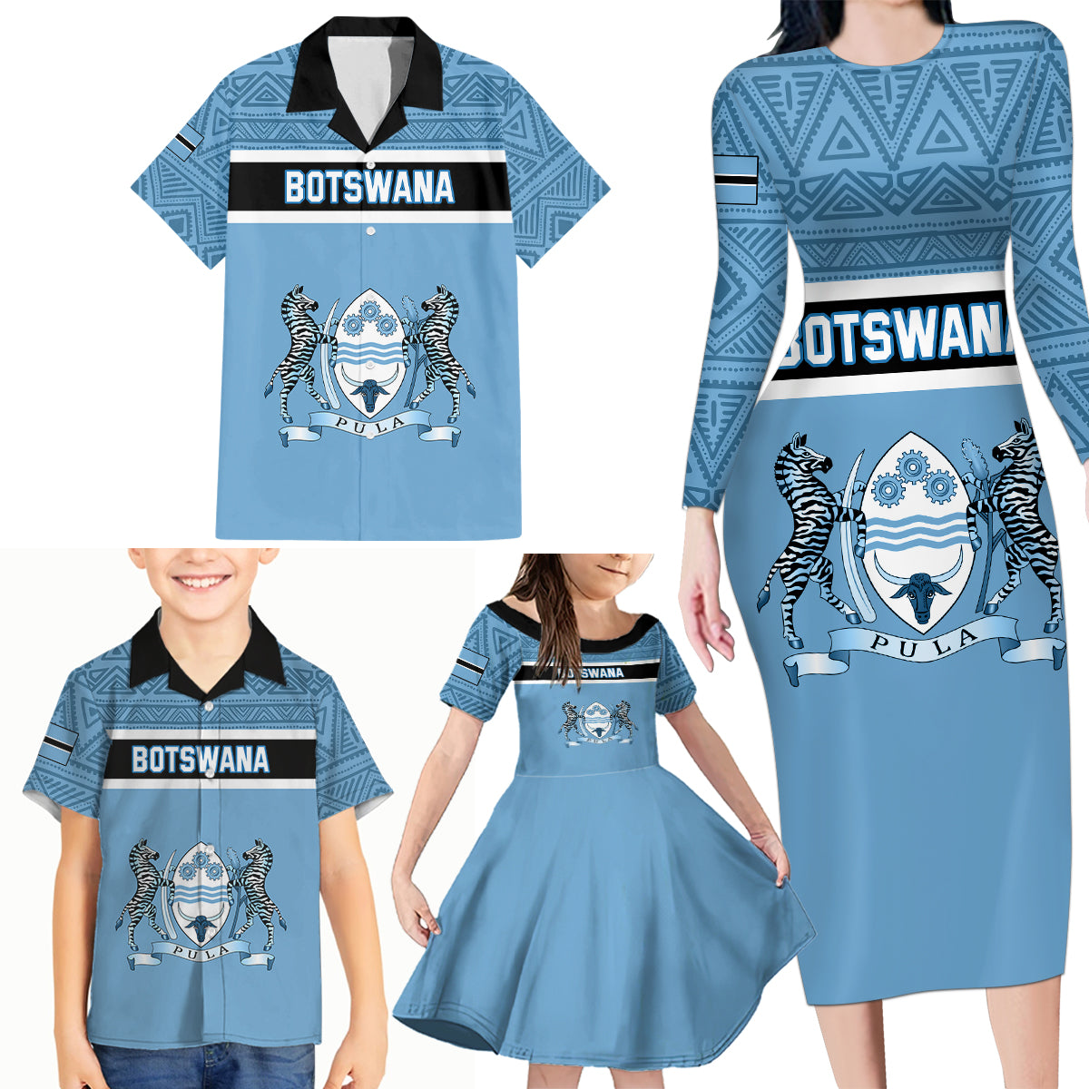 Personalised Botswana Family Matching Long Sleeve Bodycon Dress and Hawaiian Shirt Tswana Pula African Pattern - Wonder Print Shop
