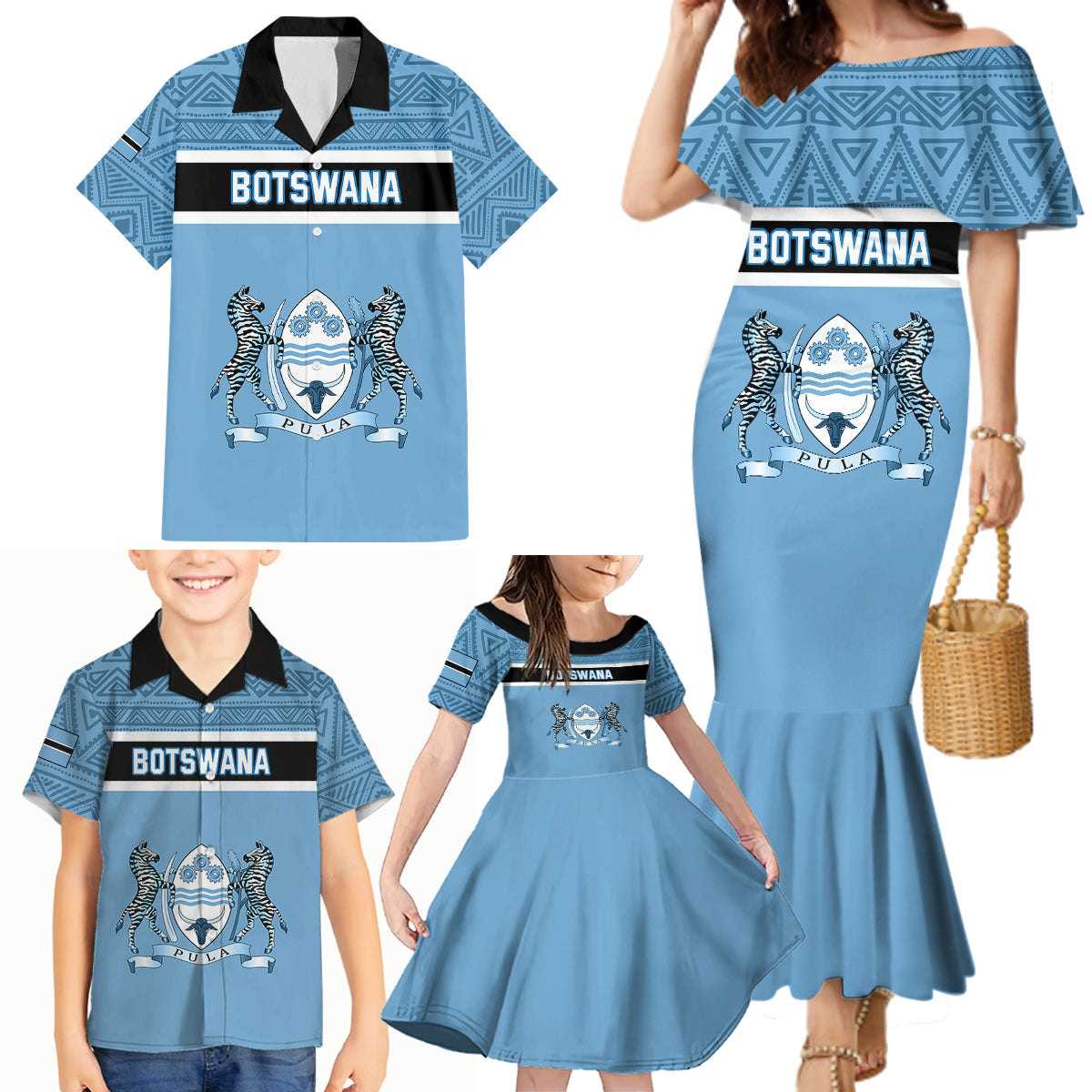 Personalised Botswana Family Matching Mermaid Dress and Hawaiian Shirt Tswana Pula African Pattern - Wonder Print Shop