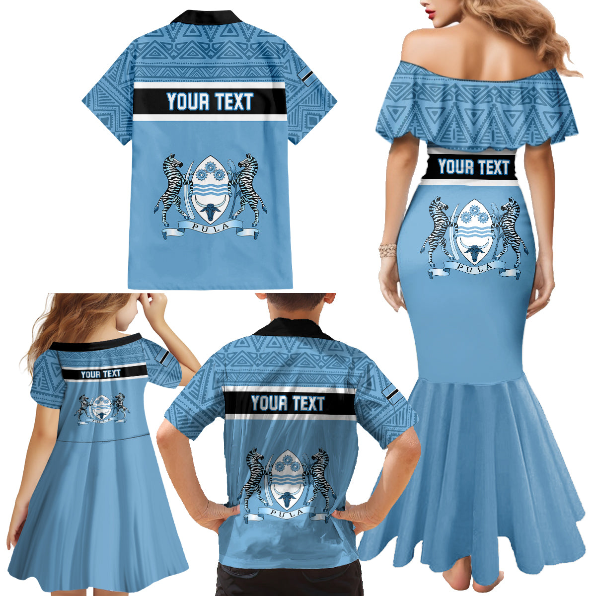 Personalised Botswana Family Matching Mermaid Dress and Hawaiian Shirt Tswana Pula African Pattern - Wonder Print Shop