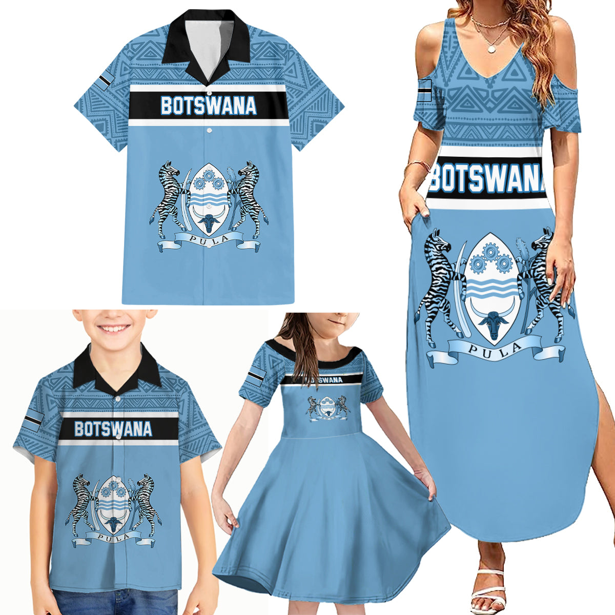 Personalised Botswana Family Matching Summer Maxi Dress and Hawaiian Shirt Tswana Pula African Pattern - Wonder Print Shop