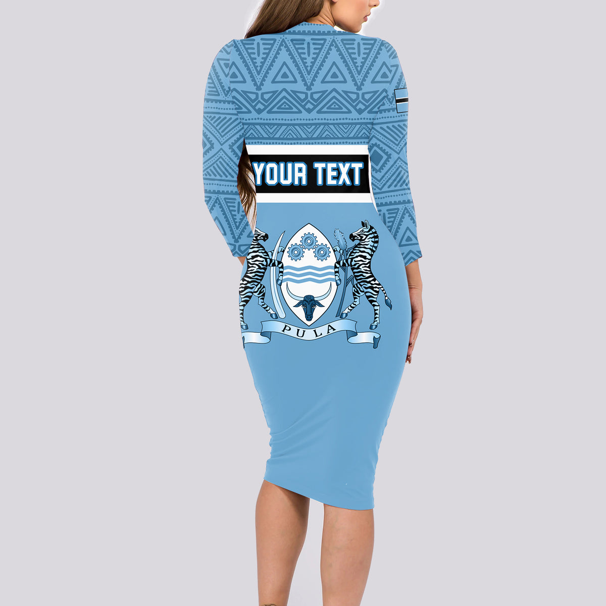 Personalised Botswana Long Sleeve Bodycon Dress Tswana Pula African Pattern - Wonder Print Shop