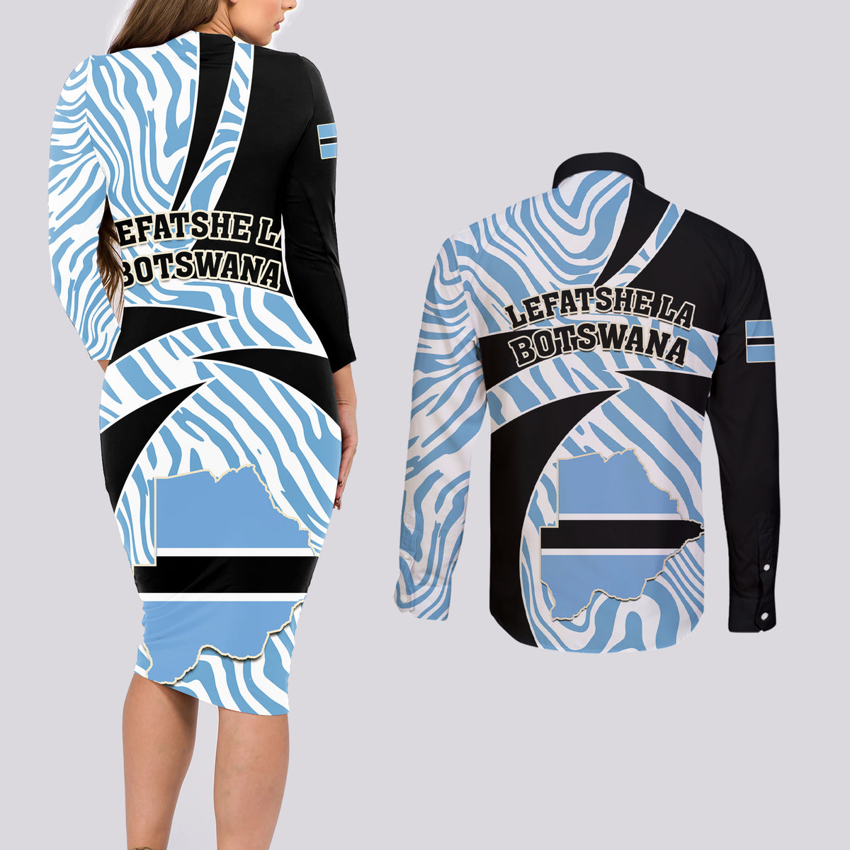 Botswana Independence Day Couples Matching Long Sleeve Bodycon Dress and Long Sleeve Button Shirts Lefatshe la Botswana Zebra Pattern - Wonder Print Shop