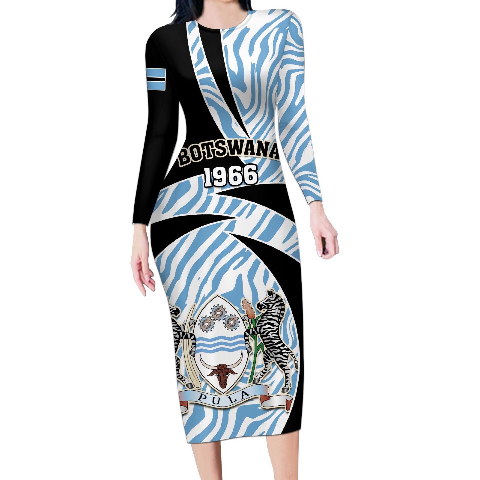 Botswana Independence Day Long Sleeve Bodycon Dress Lefatshe la Botswana Zebra Pattern - Wonder Print Shop