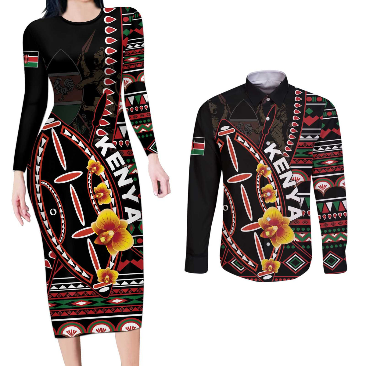 Personalized Kenya Couples Matching Long Sleeve Bodycon Dress and Long Sleeve Button Shirt Jamhuri ya Kenya Shield - Wonder Print Shop
