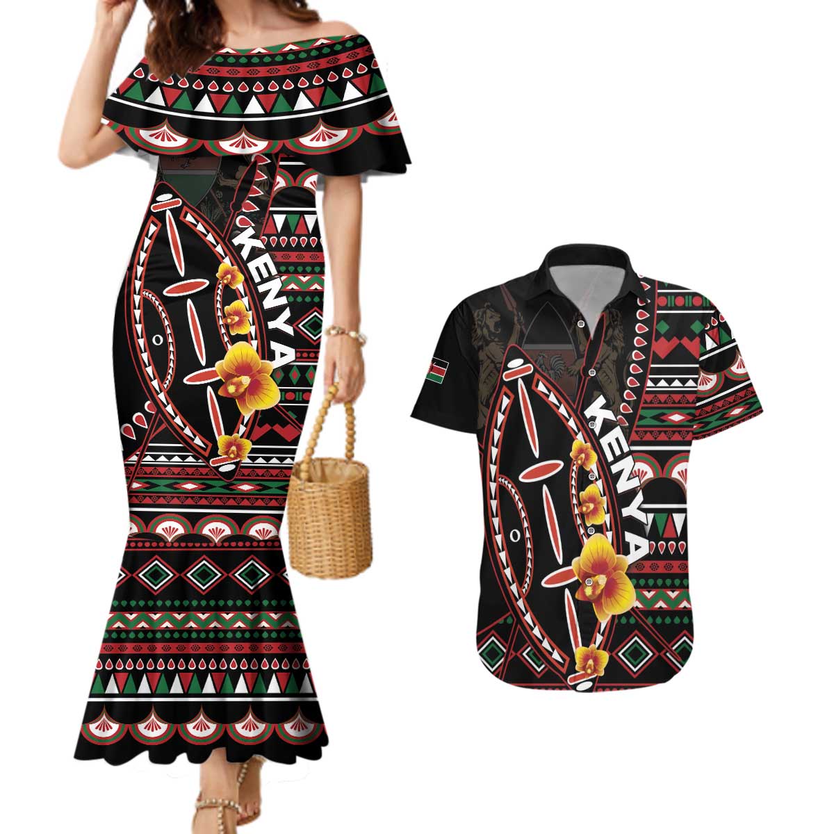 Personalized Kenya Couples Matching Mermaid Dress and Hawaiian Shirt Jamhuri ya Kenya Shield - Wonder Print Shop