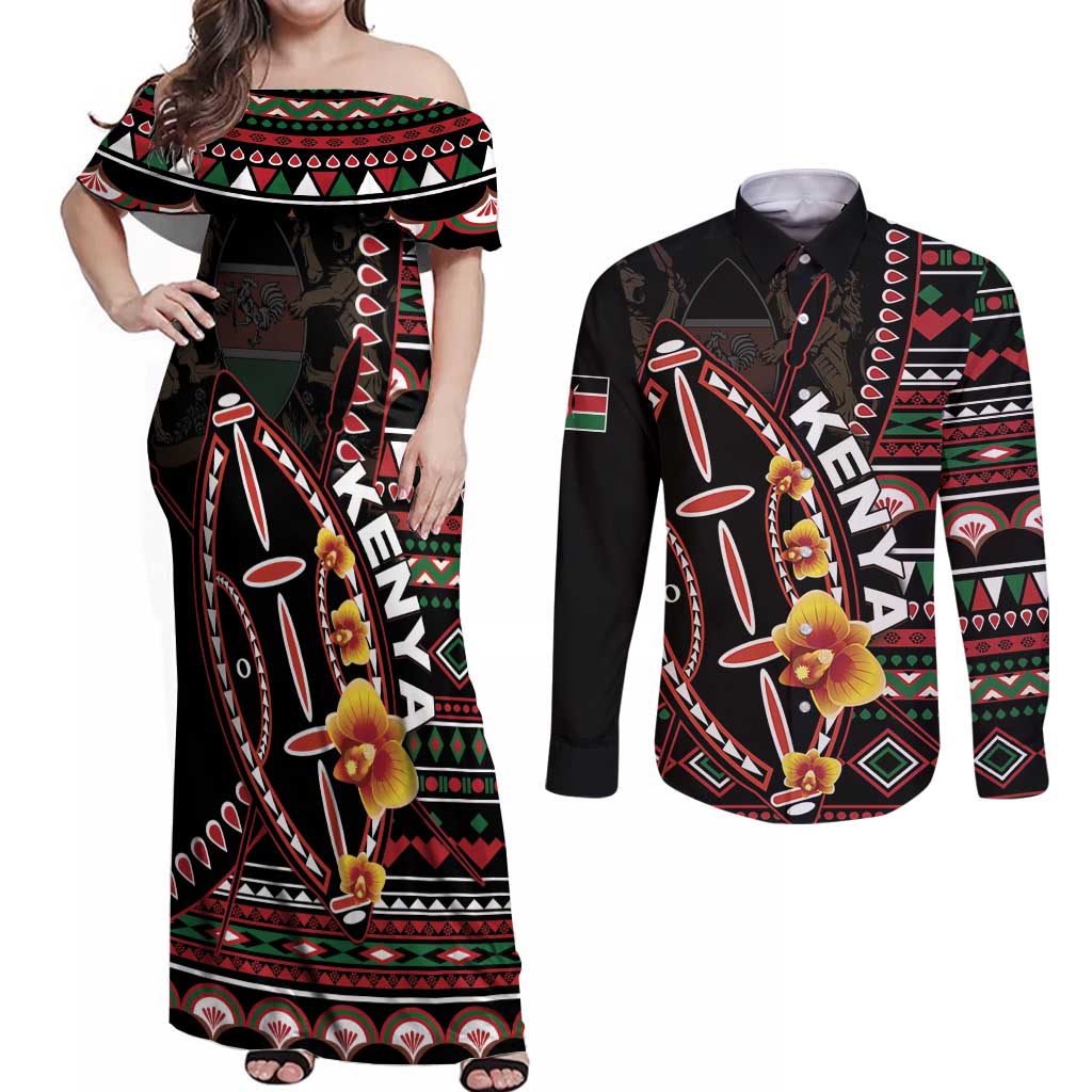 Personalized Kenya Couples Matching Off Shoulder Maxi Dress and Long Sleeve Button Shirt Jamhuri ya Kenya Shield - Wonder Print Shop