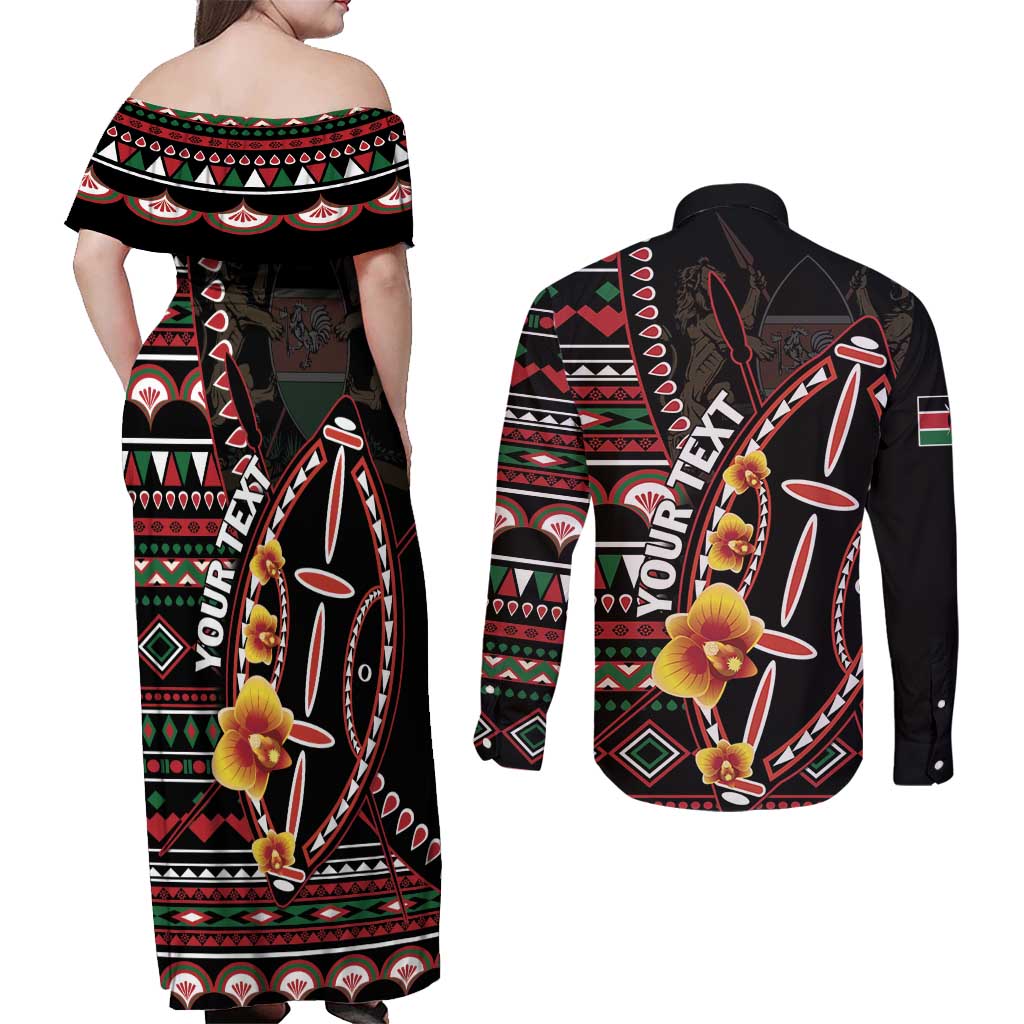 Personalized Kenya Couples Matching Off Shoulder Maxi Dress and Long Sleeve Button Shirt Jamhuri ya Kenya Shield - Wonder Print Shop