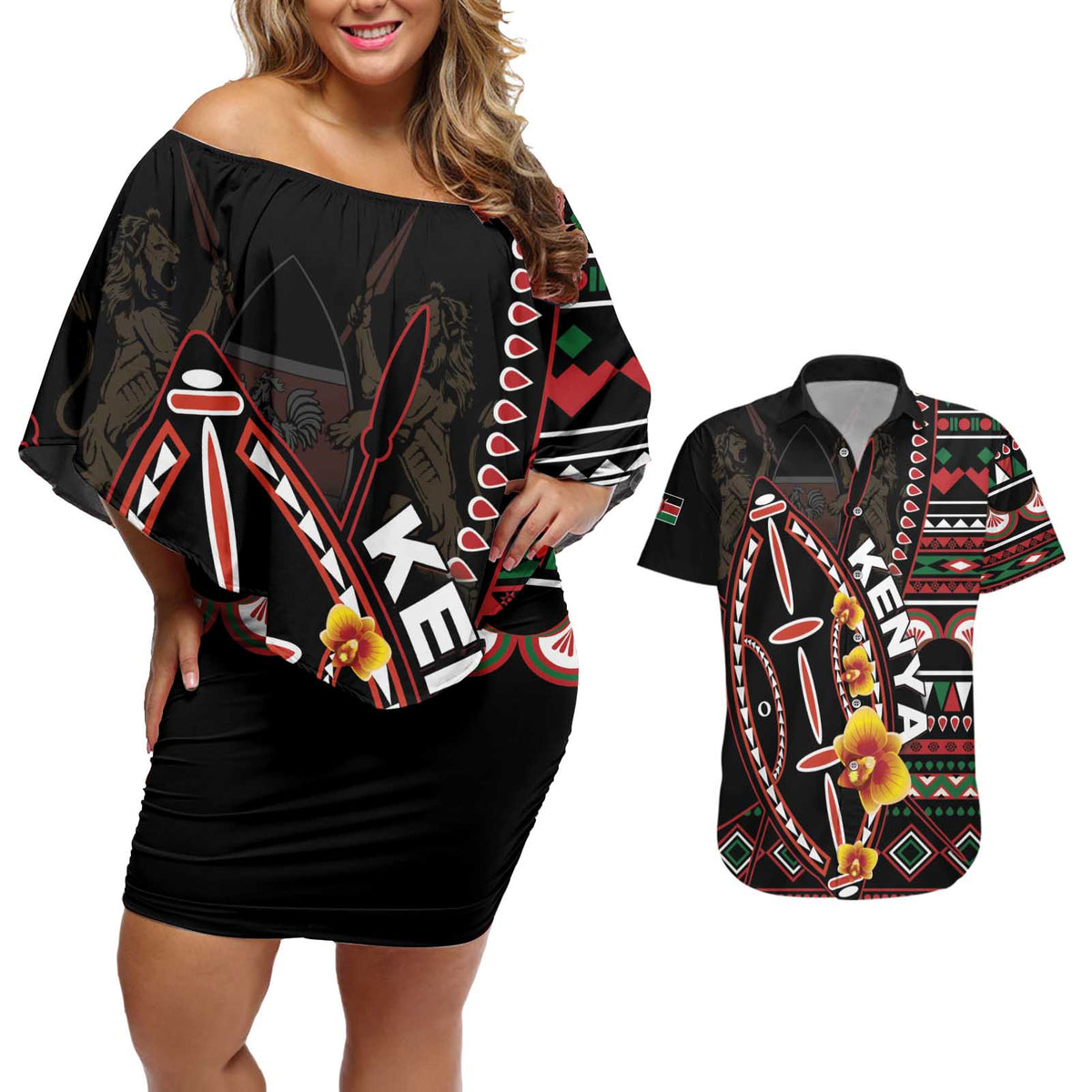 Personalized Kenya Couples Matching Off Shoulder Short Dress and Hawaiian Shirt Jamhuri ya Kenya Shield - Wonder Print Shop