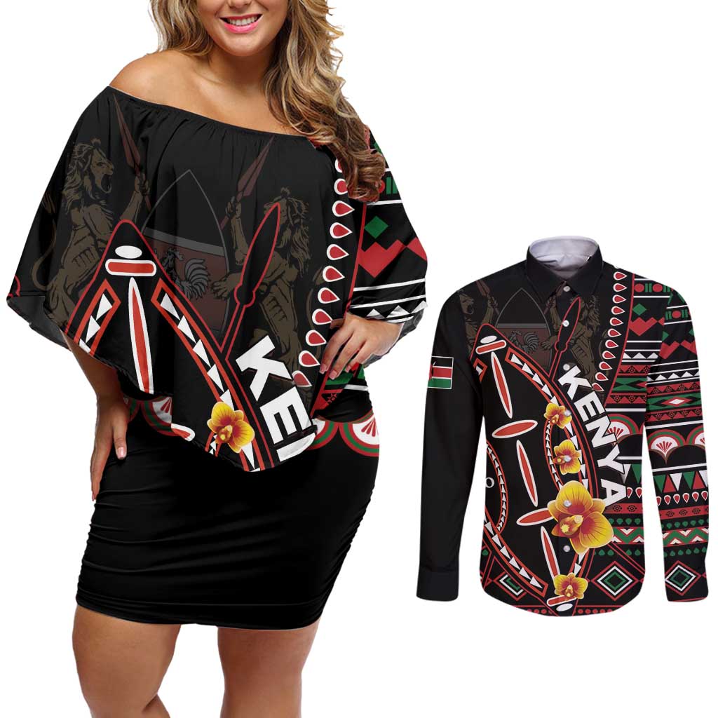 Personalized Kenya Couples Matching Off Shoulder Short Dress and Long Sleeve Button Shirt Jamhuri ya Kenya Shield - Wonder Print Shop